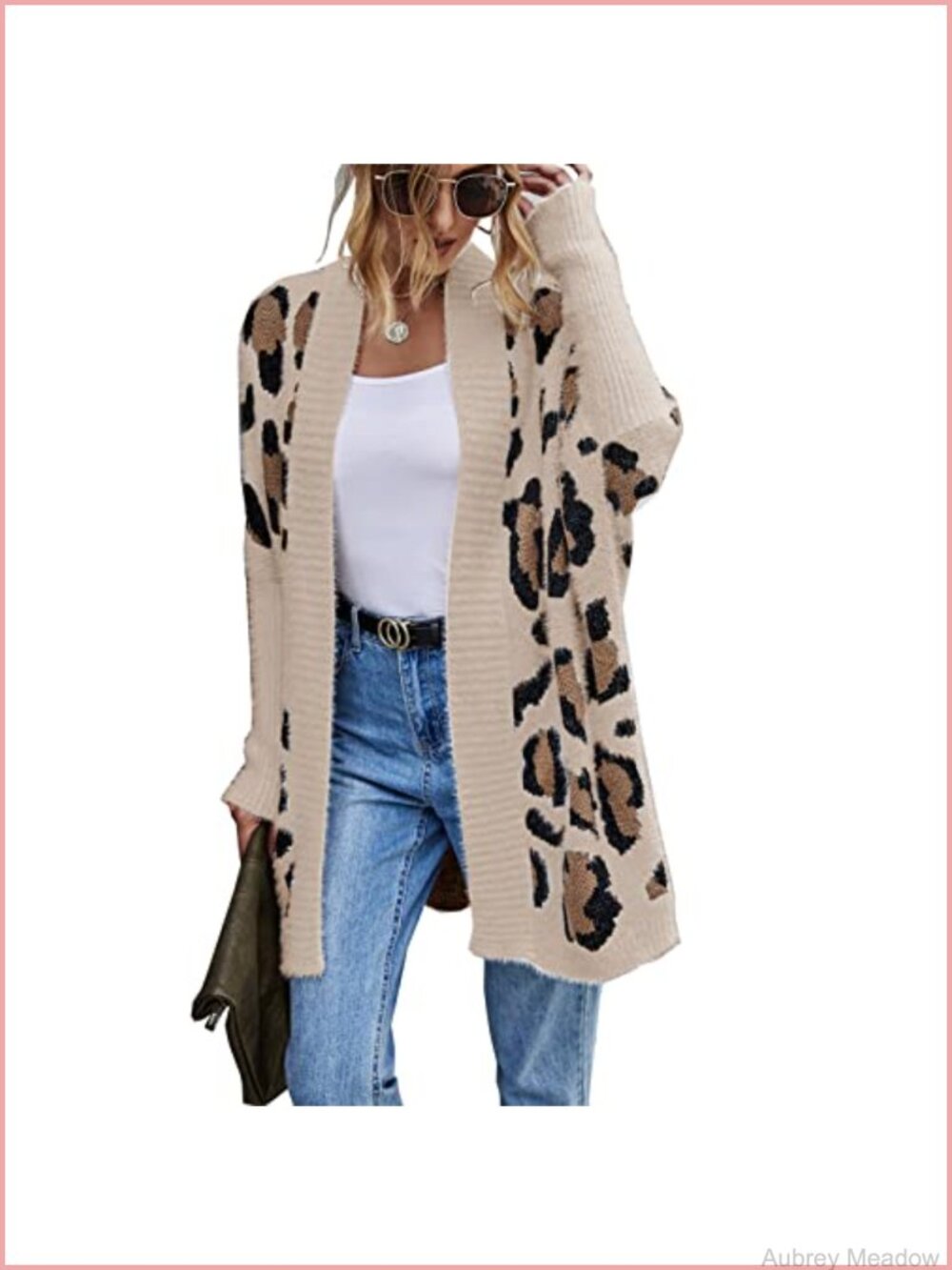 Women's Open Front Leopard Print Fuzzy Knitted Cardigan Sweater Coat